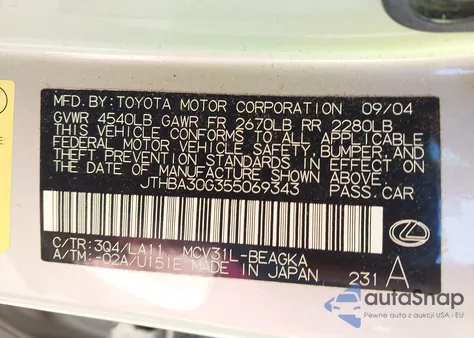 2005 Lexus Es 330 z USA, uszkodzony, nr VIN JTHBA30G355069343